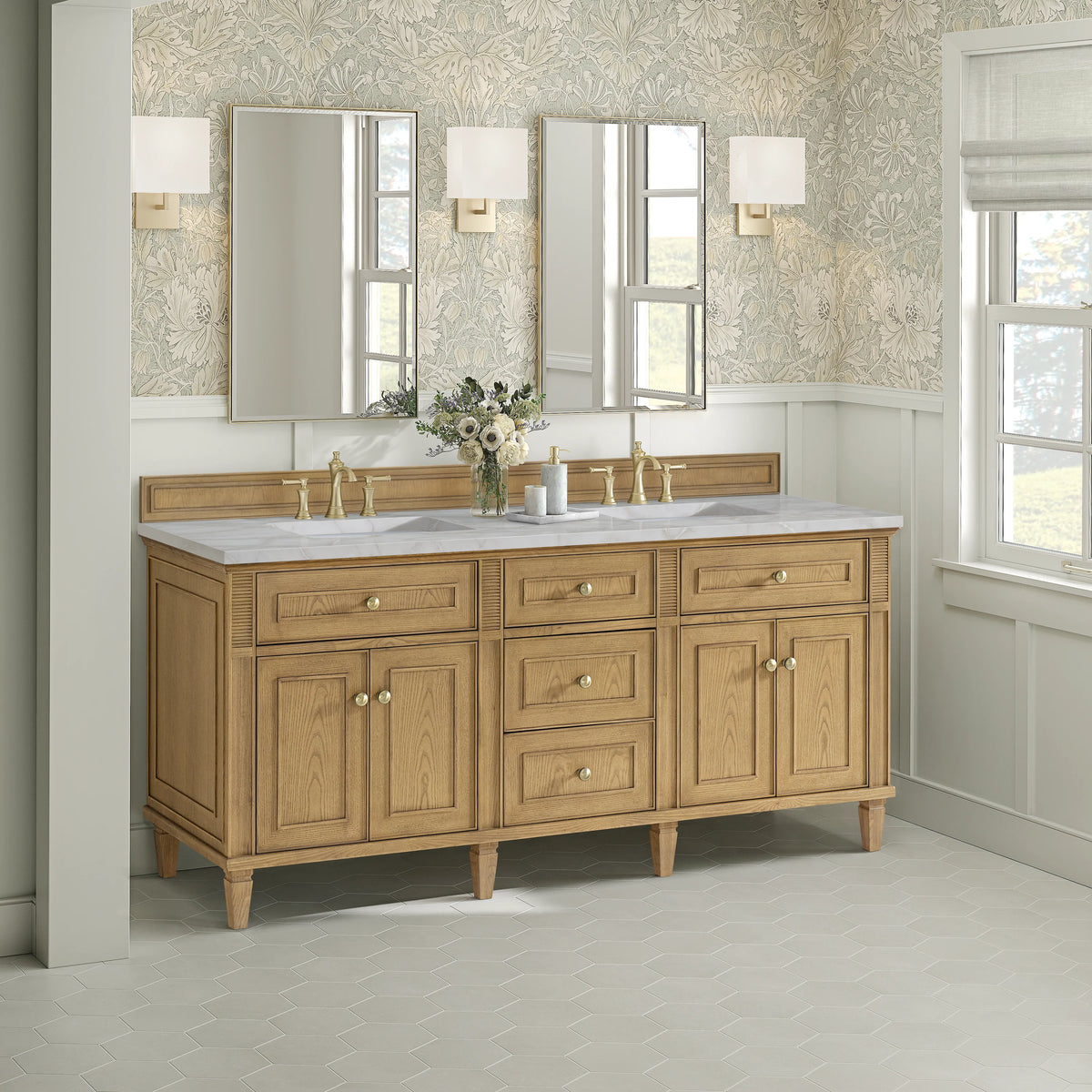 Lorelai 72" Double Vanity, Light Natural Oak w/ 3 CM Victorian Silver Silestone Top w/FreePower Wireless Charger, view 7