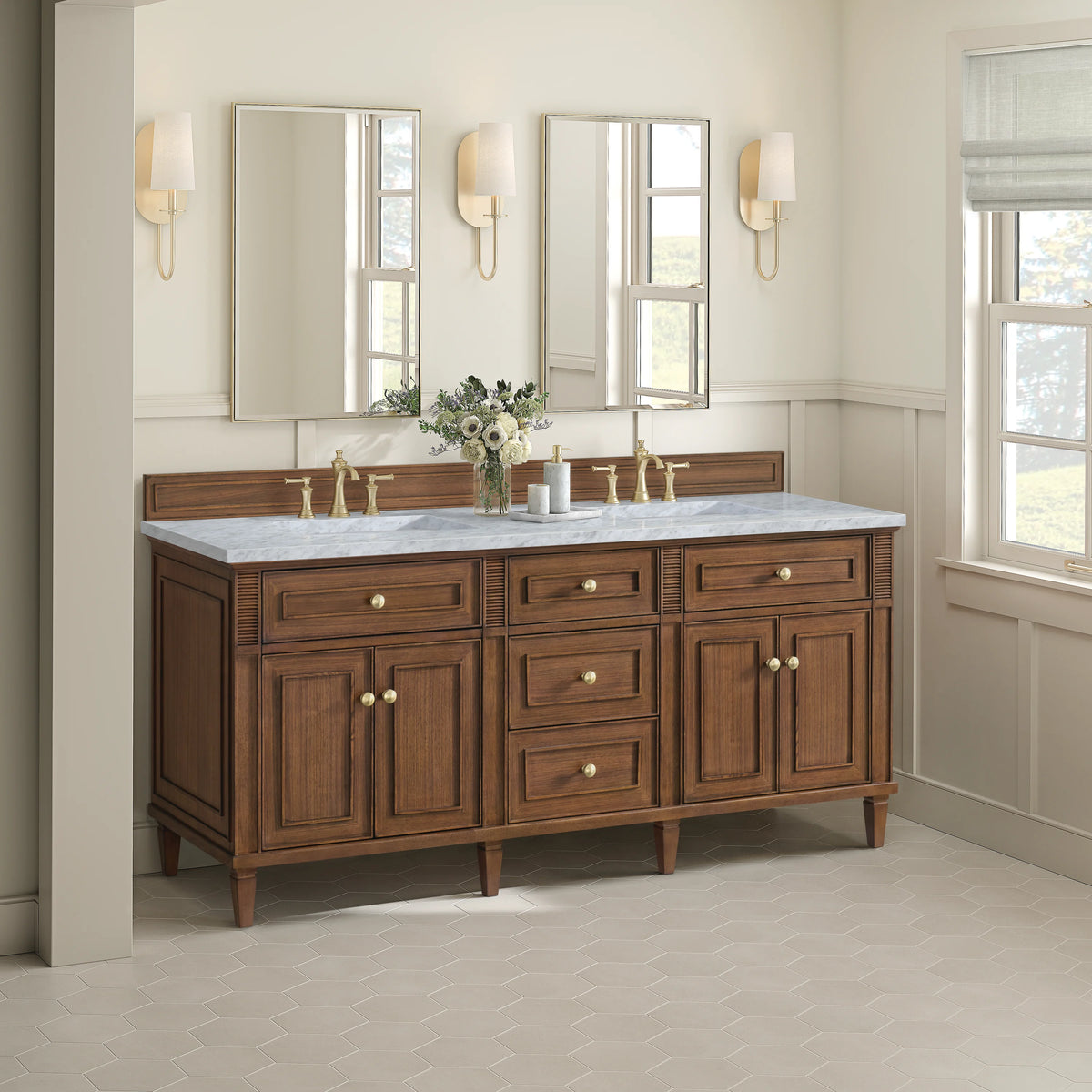 Lorelai 72"Double Vanity, Mid-Century Walnut w/ 3 CM Carrara White Marble Top, view 4