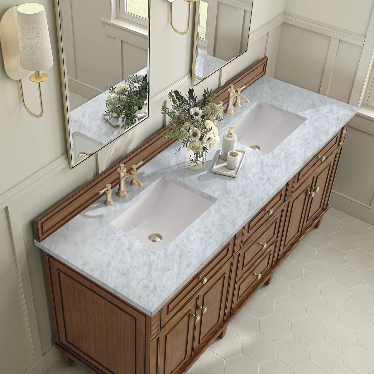 Lorelai 72"Double Vanity, Mid-Century Walnut w/ 3 CM Carrara White Marble Top, view 7