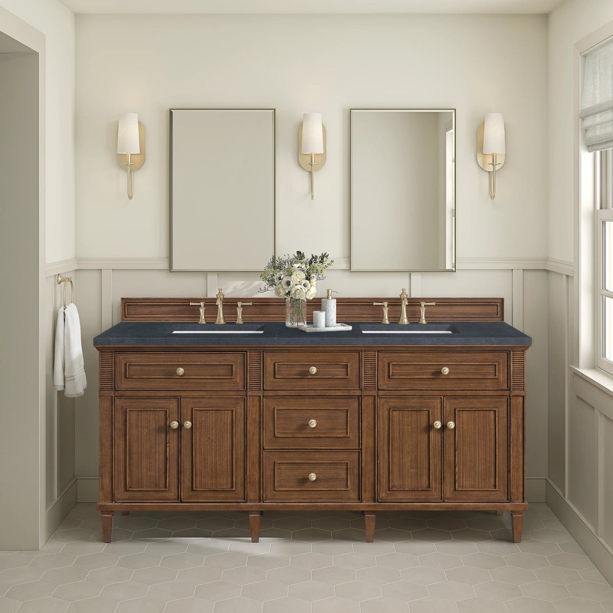 Lorelai 72"Double Vanity, Mid-Century Walnut w/ 3 CM Charcoal Soapstone Silestone Top, view 3