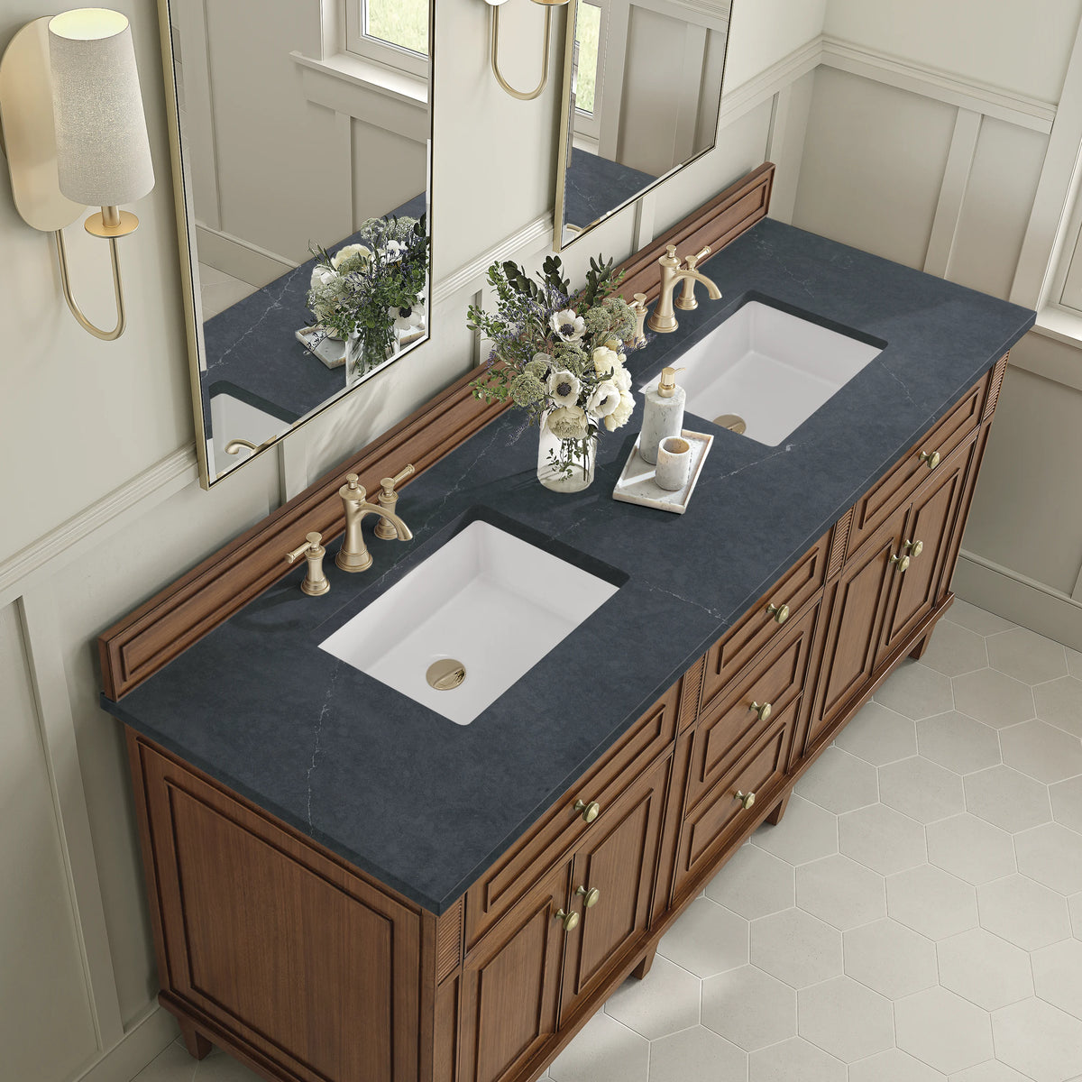 Lorelai 72"Double Vanity, Mid-Century Walnut w/ 3 CM Charcoal Soapstone Silestone Top, view 7
