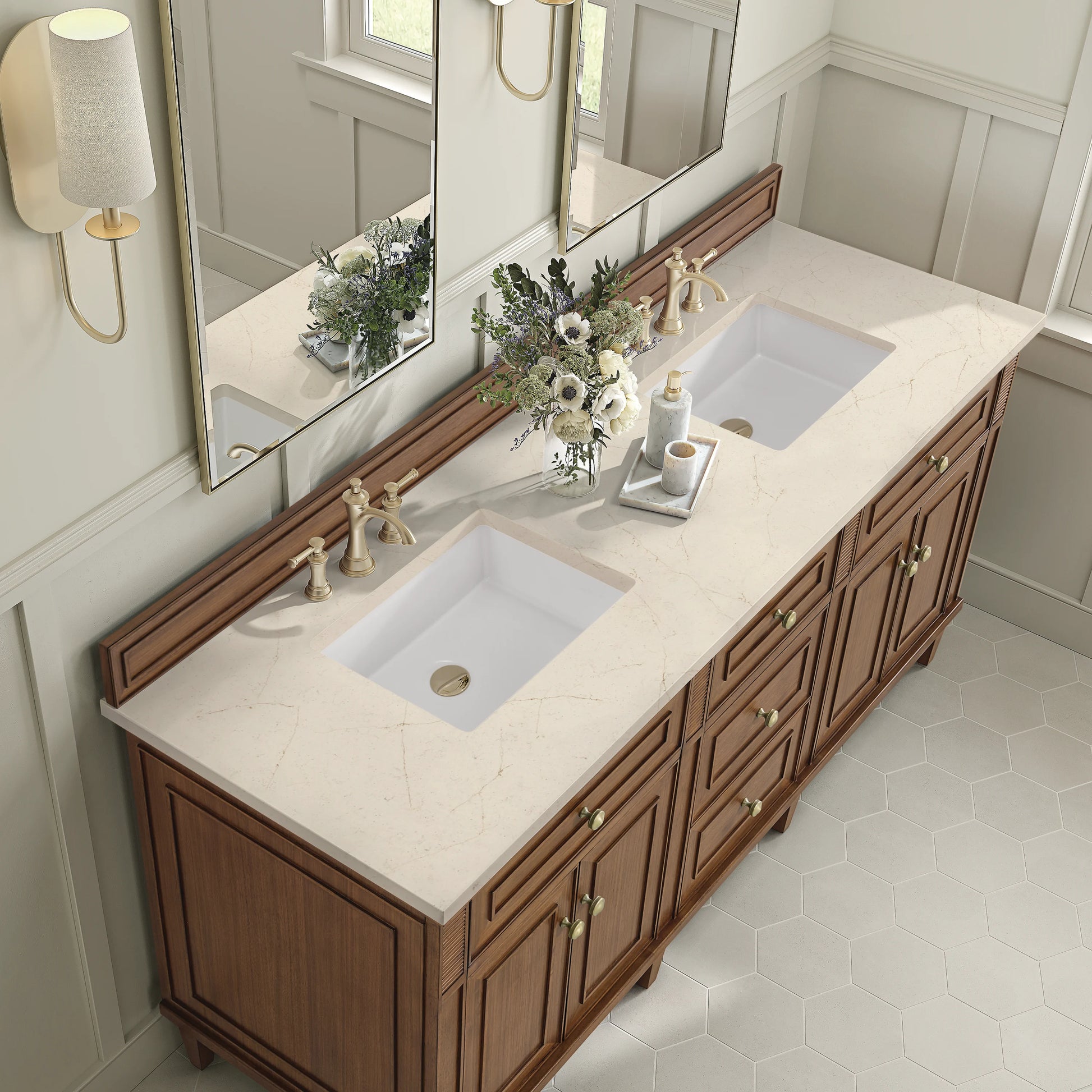 Renovate for Less Atlanta Lorelai 72" Double Vanity, Mid-Century Walnut w/ 3 CM Eternal Marfil Silestone Top, view 7