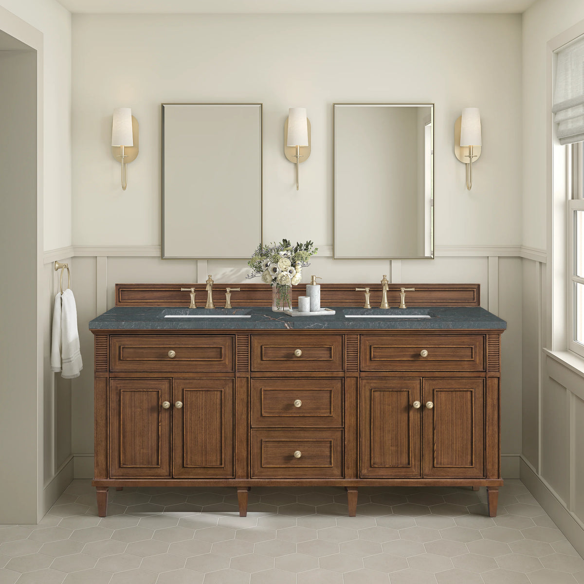 Lorelai 72"Double Vanity, Mid-Century Walnut w/ 3 CM Parisien Bleu Silestone Top, view 3