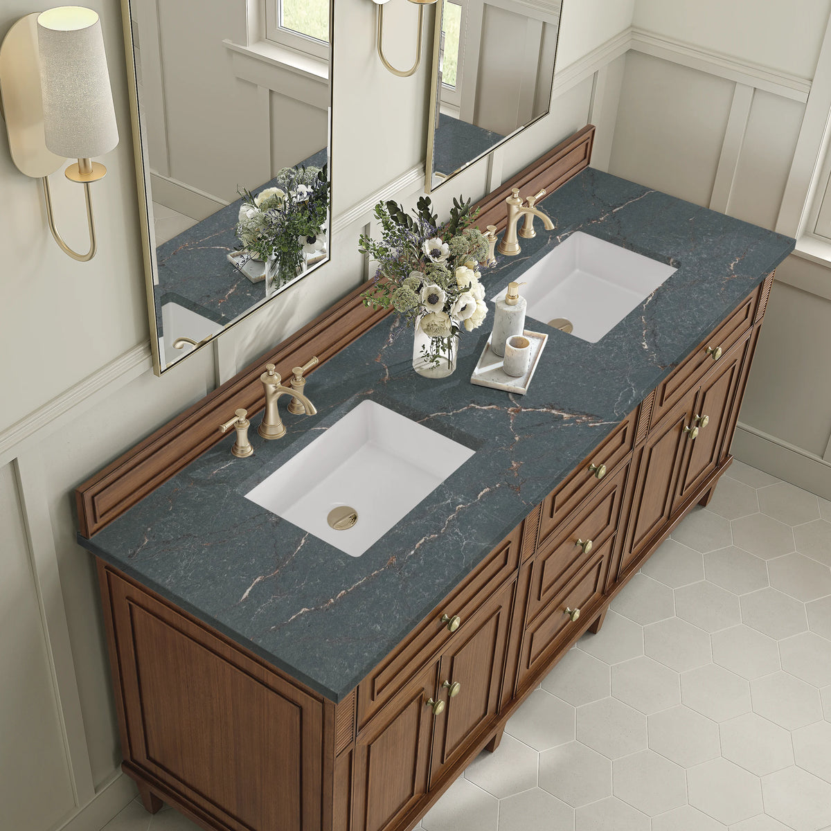 Lorelai 72"Double Vanity, Mid-Century Walnut w/ 3 CM Parisien Bleu Silestone Top, view 7