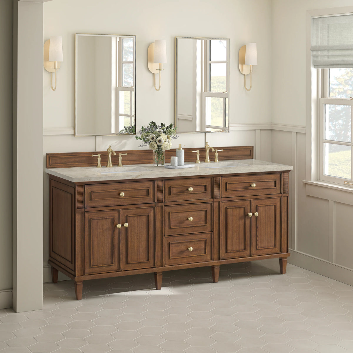 Lorelai 72" Double Vanity, Mid-Century Walnut, w/ 3 CM Tajnar Eclos Top, view 4