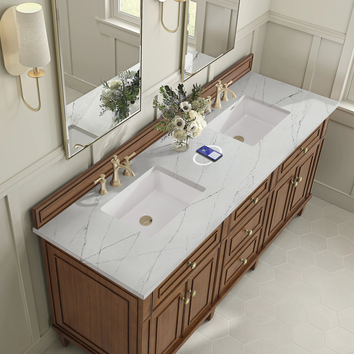 Lorelai 72"Double Vanity, Mid-Century Walnut w/ 3 CM Ethereal Noctis Silestone Top w/FreePower Wireless Charger, view 10