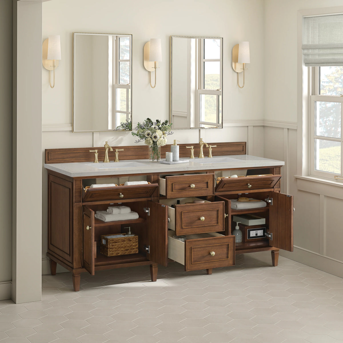 Lorelai 72" Double Vanity, Mid-Century Walnut, w/ 3 CM Siberian Silestone Top w/FreePower Wireless Charger, view 7