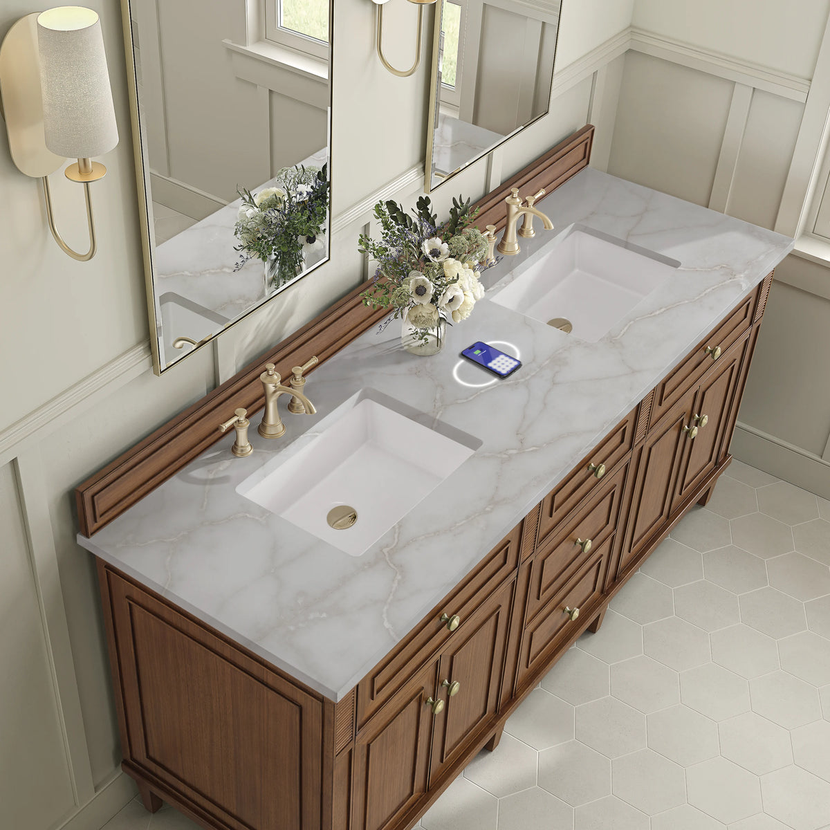 Lorelai 72"Double Vanity, Mid-Century Walnut w/ 3 CM Victorian Silver Silestone Top w/FreePower Wireless Charg, view 10