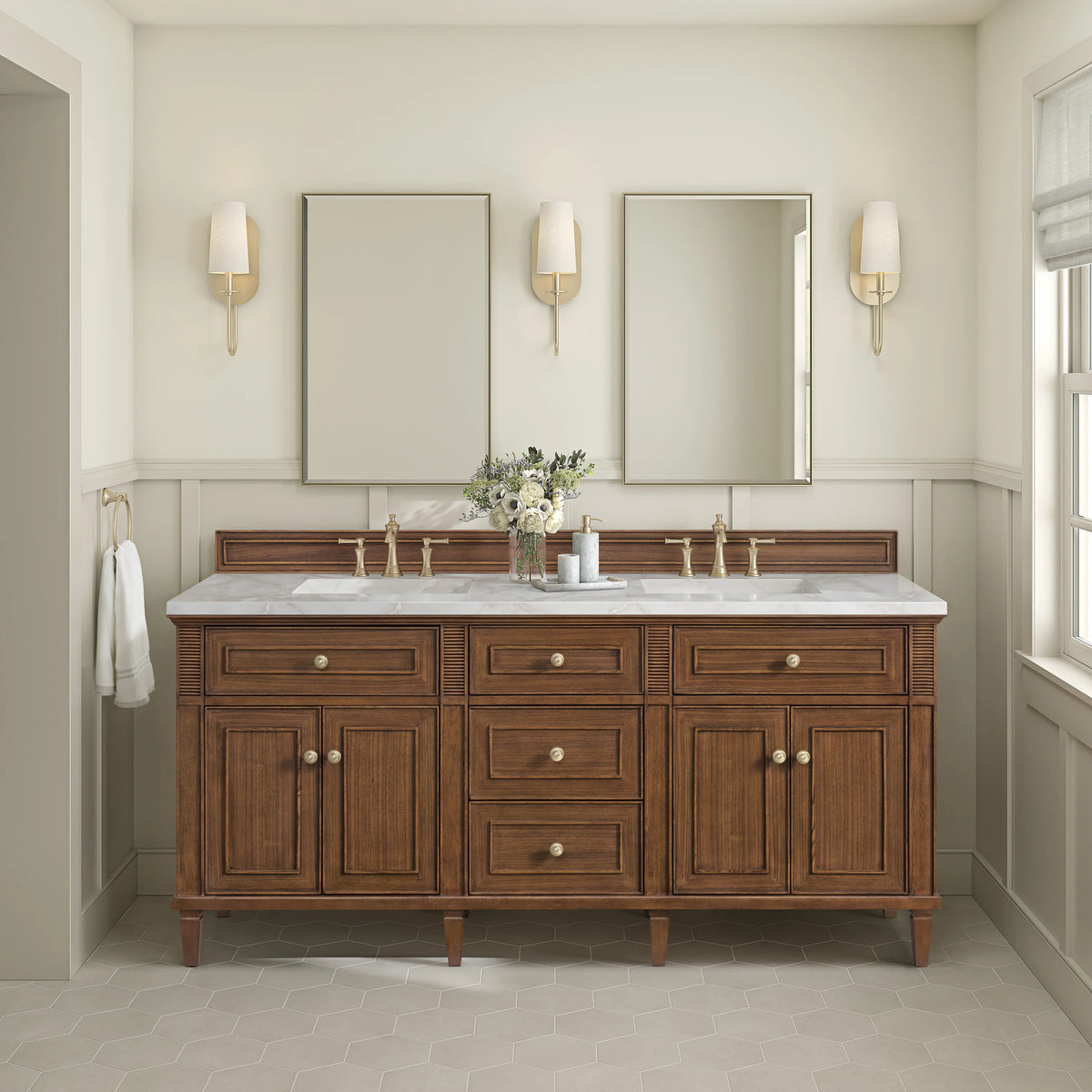 Lorelai 72"Double Vanity, Mid-Century Walnut w/ 3 CM White Zeus Silestone Top, view 3
