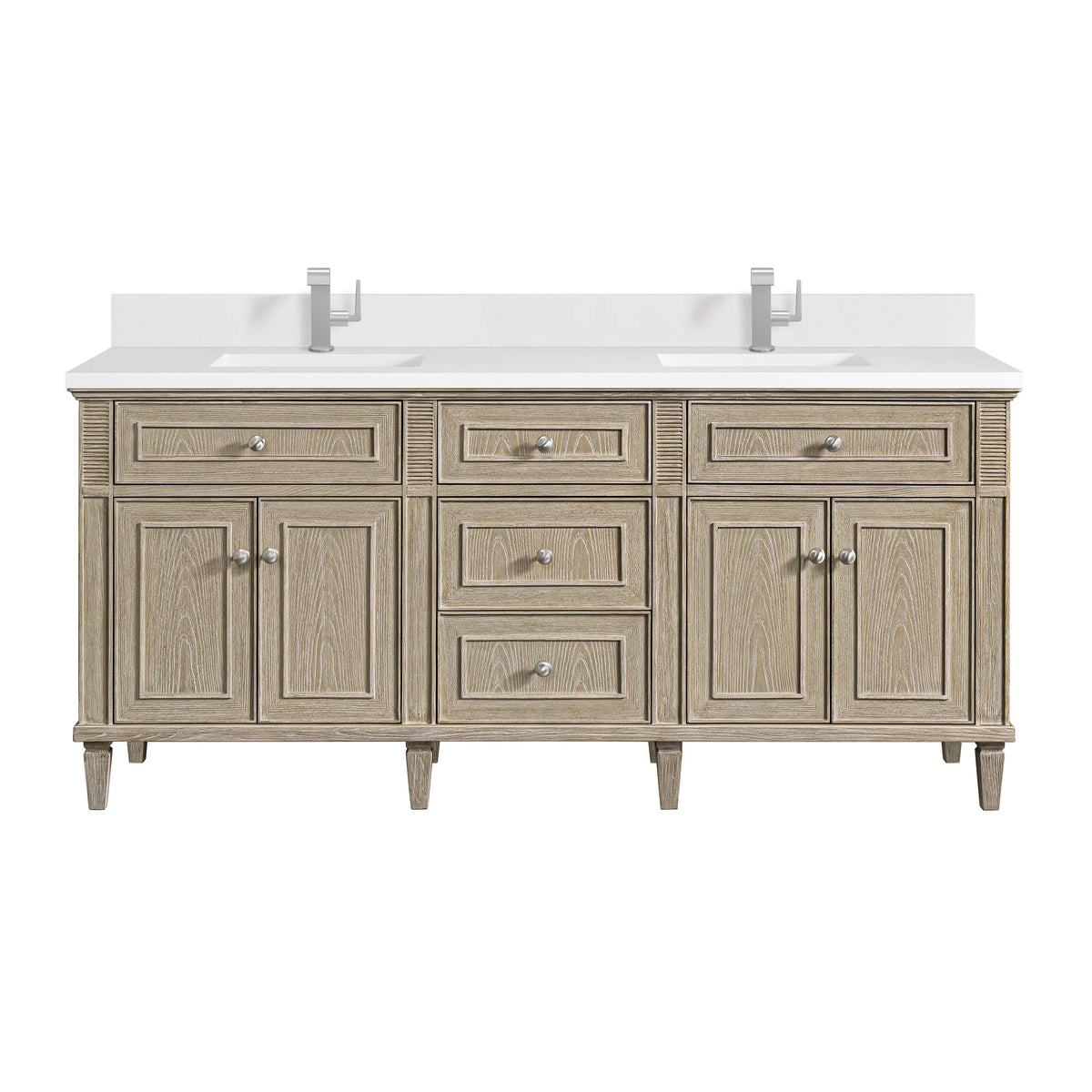 Lorelai 72" Double Vanity, Whitewashed Oak w/ Single Hole 3 CM White Zeus Silestone Top & Backsplash