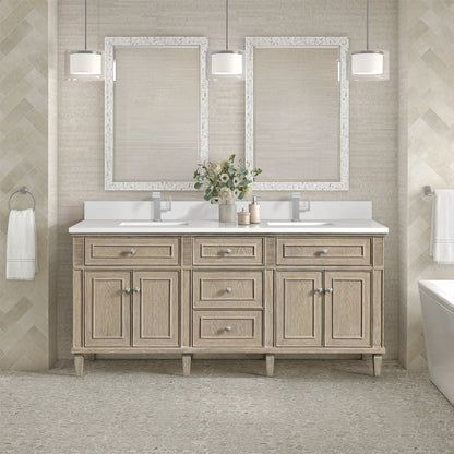 Lorelai 72" Double Vanity, Whitewashed Oak w/ Single Hole 3 CM White Zeus Silestone Top & Backsplash, view 2