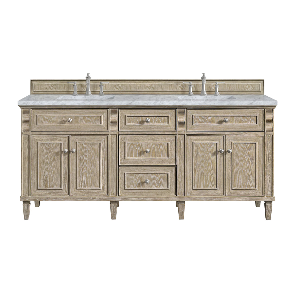 Lorelai 72" Double Vanity, Whitewashed Oak w/ 3 CM Carrara White Marble Top