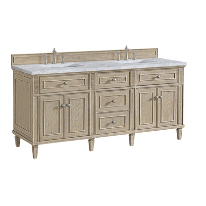 Lorelai 72" Double Vanity, Whitewashed Oak w/ 3 CM Carrara White Marble Top, view 10