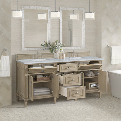 Lorelai 72" Double Vanity, Whitewashed Oak w/ 3 CM Carrara White Marble Top, view 5