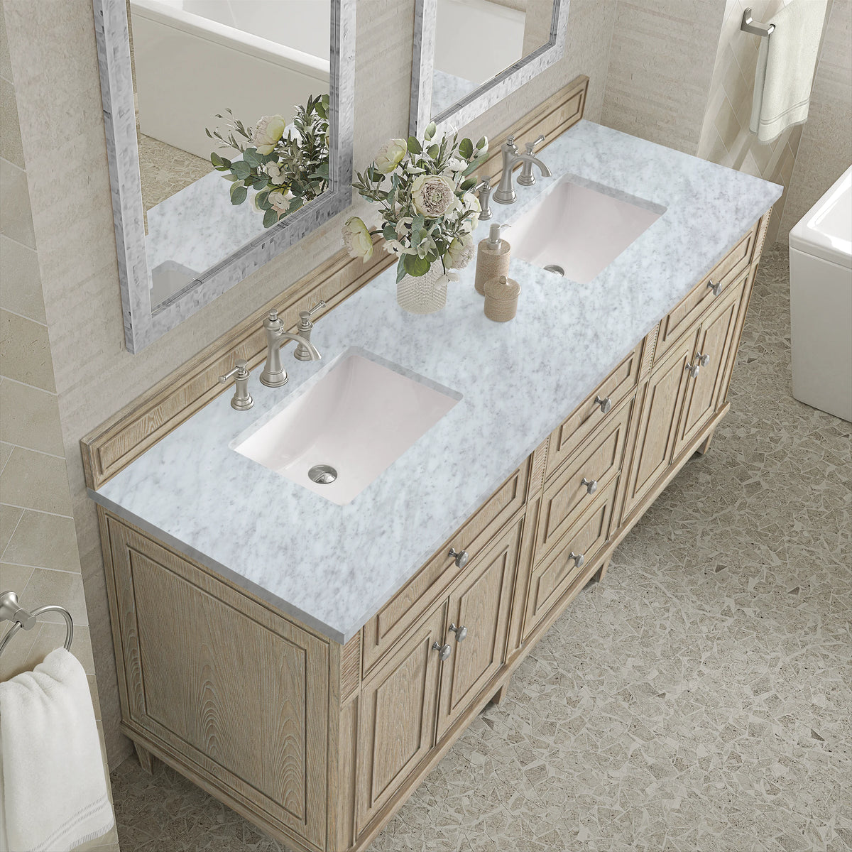 Lorelai 72" Double Vanity, Whitewashed Oak w/ 3 CM Carrara White Marble Top, view 7