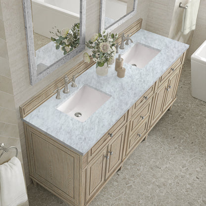 Lorelai 72" Double Vanity, Whitewashed Oak w/ 3 CM Carrara White Marble Top, view 7