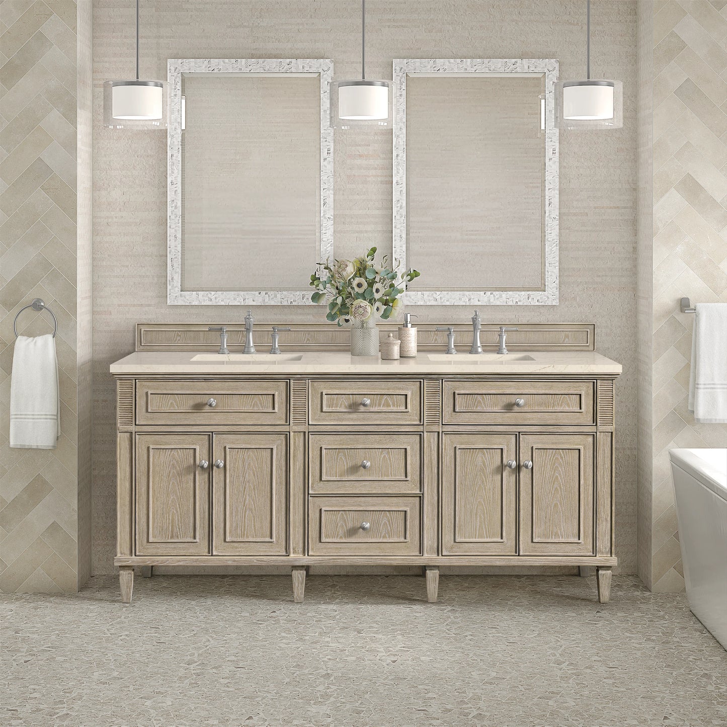 Renovate for Less Atlanta Lorelai 72" Double Vanity, Whitewashed Oak w/ 3 CM Eternal Marfil Silestone Top, view 3