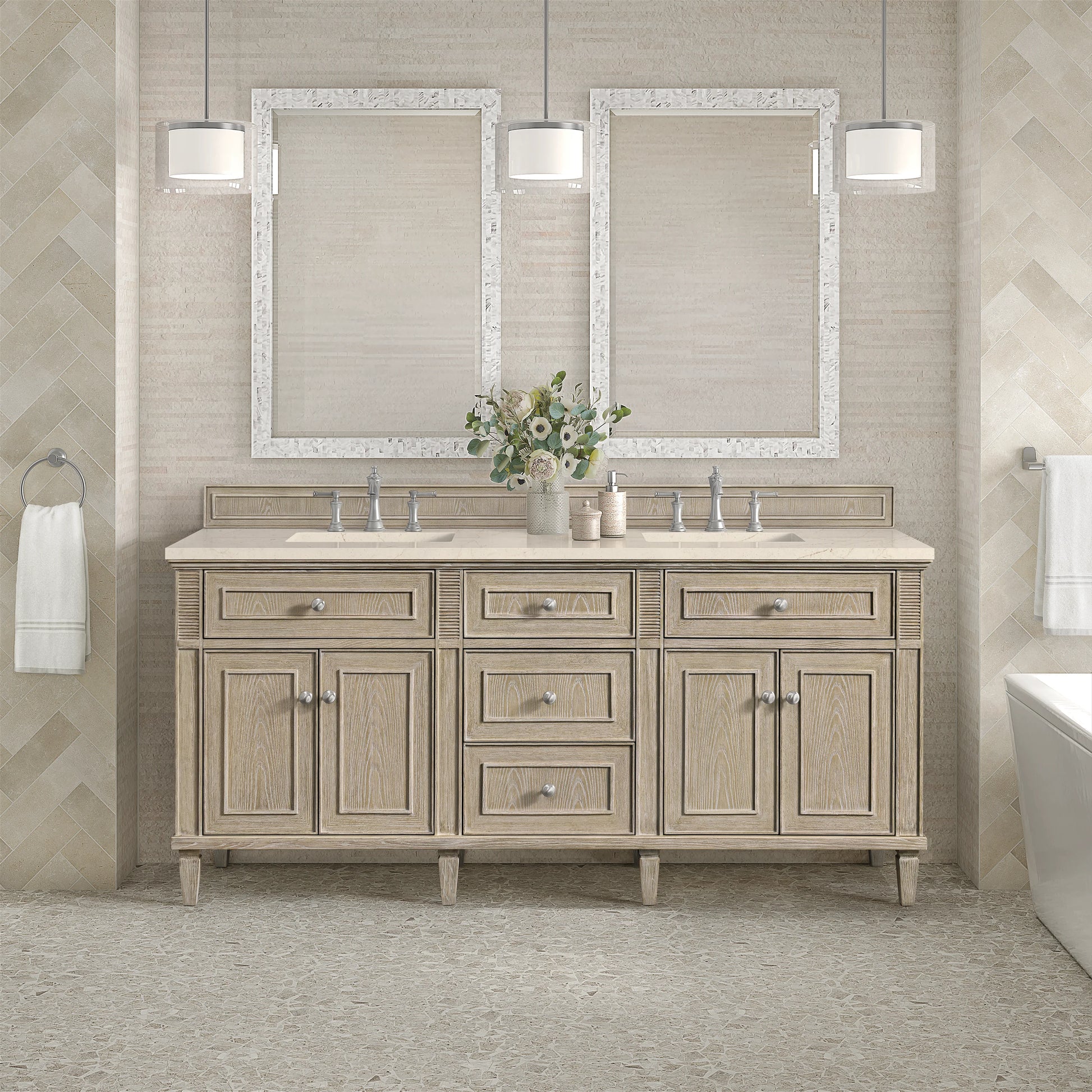 Renovate for Less Atlanta Lorelai 72" Double Vanity, Whitewashed Oak w/ 3 CM Eternal Marfil Silestone Top, view 3