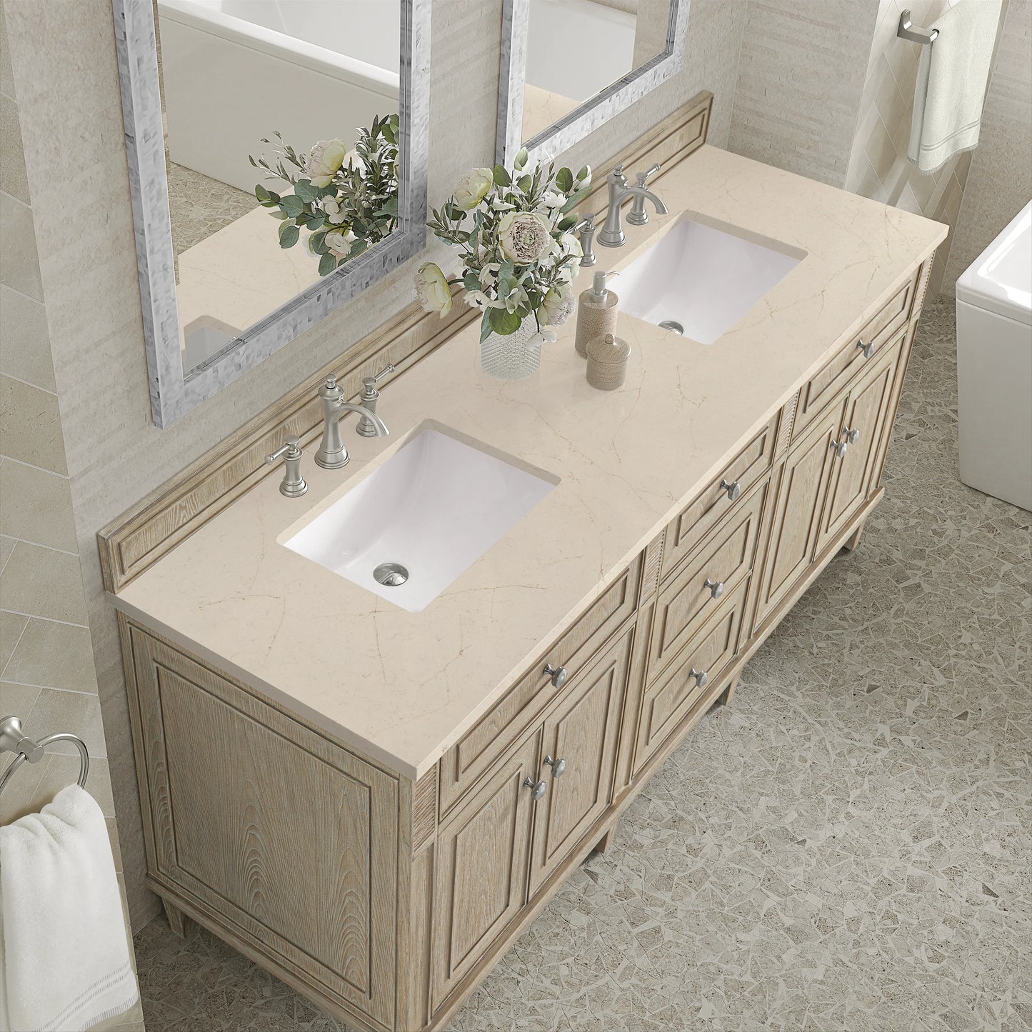 Renovate for Less Atlanta Lorelai 72" Double Vanity, Whitewashed Oak w/ 3 CM Eternal Marfil Silestone Top, view 7