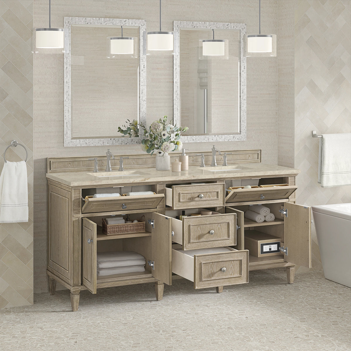 Lorelai 72" Double Vanity, Whitewashed Oak, w/ 3 CM Tajnar Eclos Top, view 5