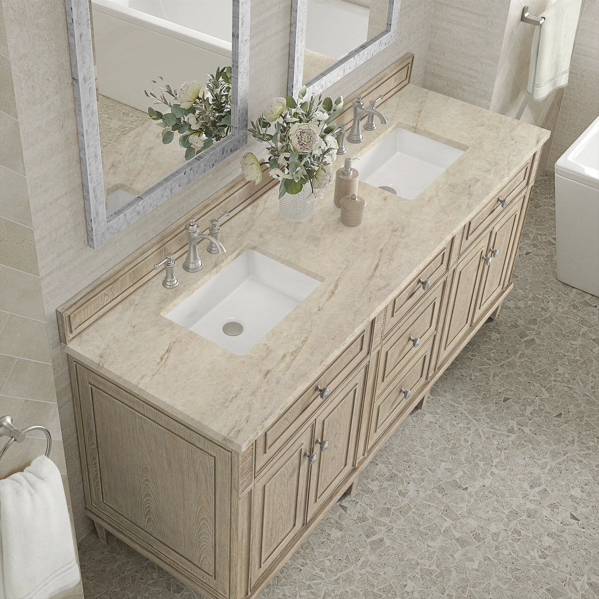 Lorelai 72" Double Vanity, Whitewashed Oak, w/ 3 CM Tajnar Eclos Top, view 7