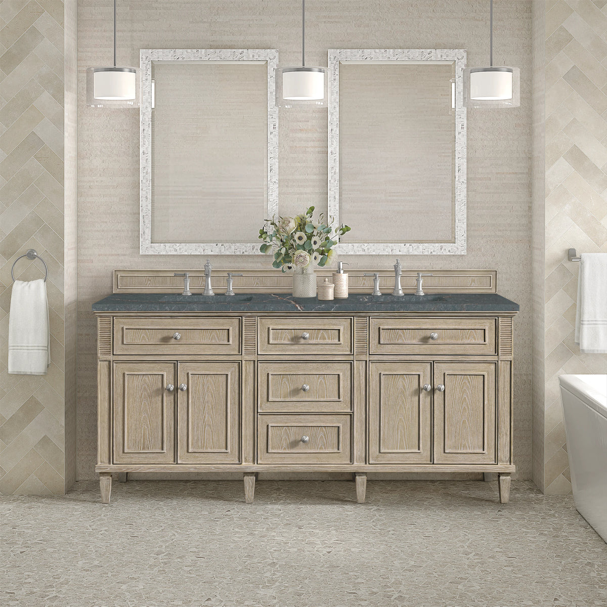 Lorelai 72" Double Vanity, Whitewashed Oak w/ 3 CM Parisien Bleu Silestone Top w/FreePower Wireless Charger, view 6