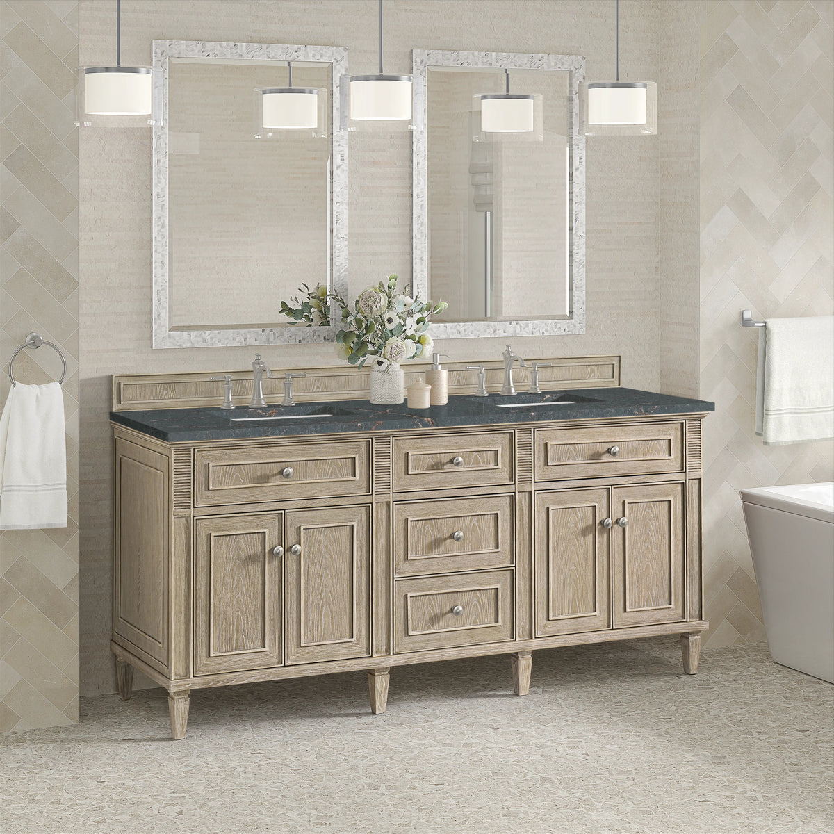 Lorelai 72" Double Vanity, Whitewashed Oak w/ 3 CM Parisien Bleu Silestone Top w/FreePower Wireless Charger, view 7