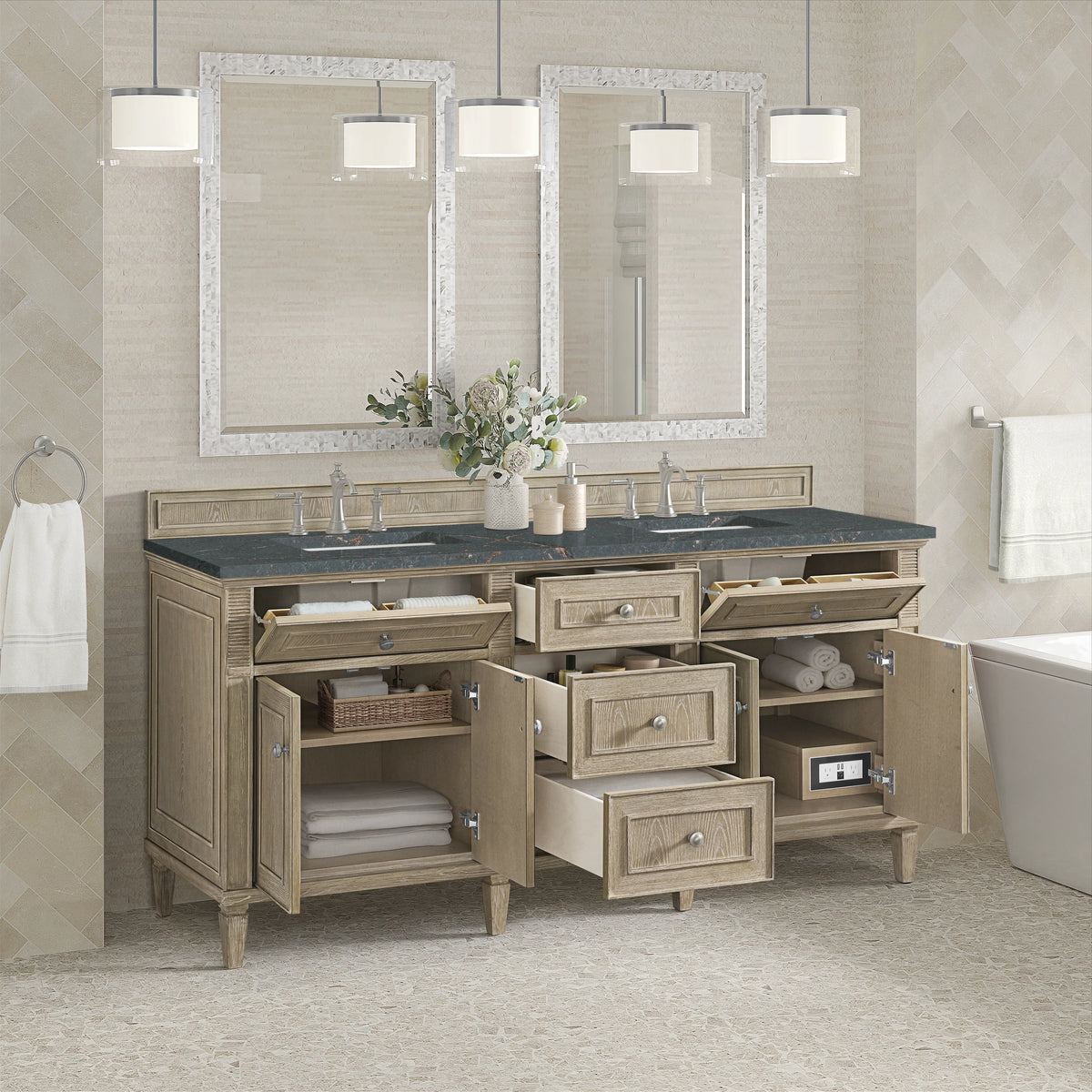 Lorelai 72" Double Vanity, Whitewashed Oak w/ 3 CM Parisien Bleu Silestone Top w/FreePower Wireless Charger, view 8