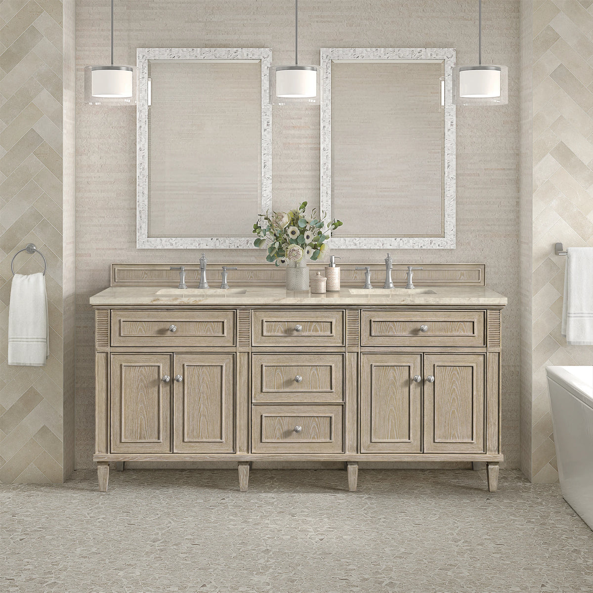Lorelai 72" Double Vanity, Whitewashed Oak, w/ 3 CM Tajnar Eclos Top w/FreePower Wireless Charger, view 5