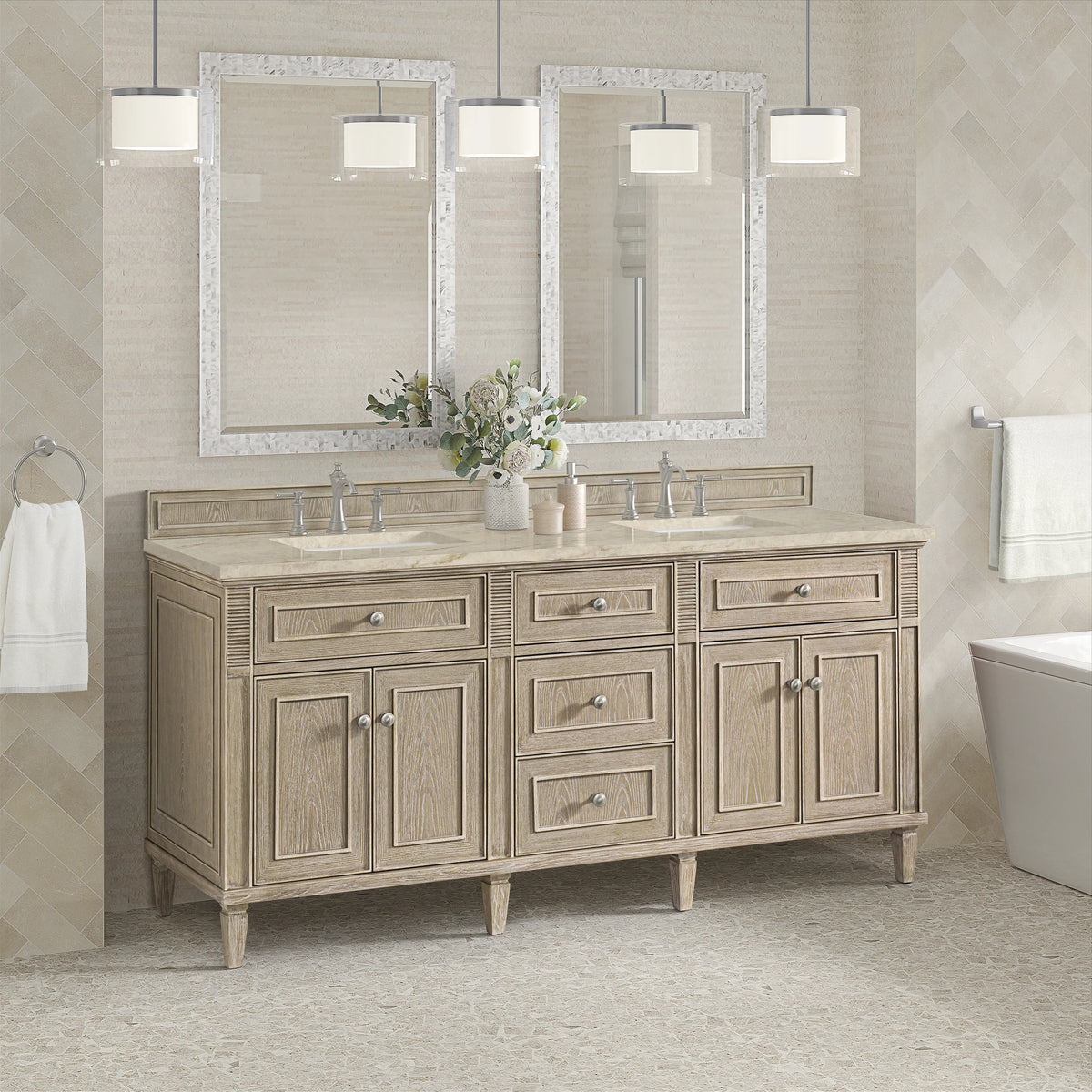 Lorelai 72" Double Vanity, Whitewashed Oak, w/ 3 CM Tajnar Eclos Top w/FreePower Wireless Charger, view 6