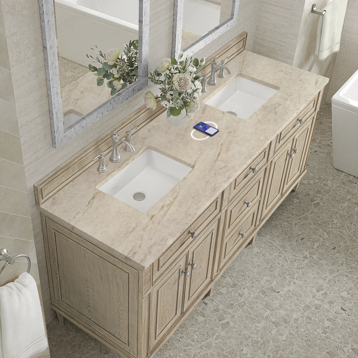 Lorelai 72" Double Vanity, Whitewashed Oak, w/ 3 CM Tajnar Eclos Top w/FreePower Wireless Charger, view 9
