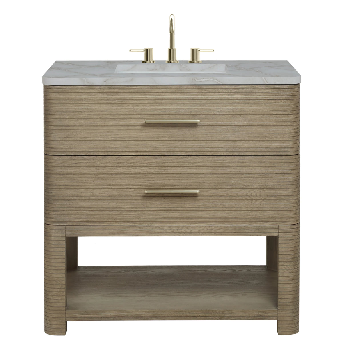 Lucian 36" Single Vanity, Pebble Oak w/ 3 CM Victorian Silver Silestone Widespread Top