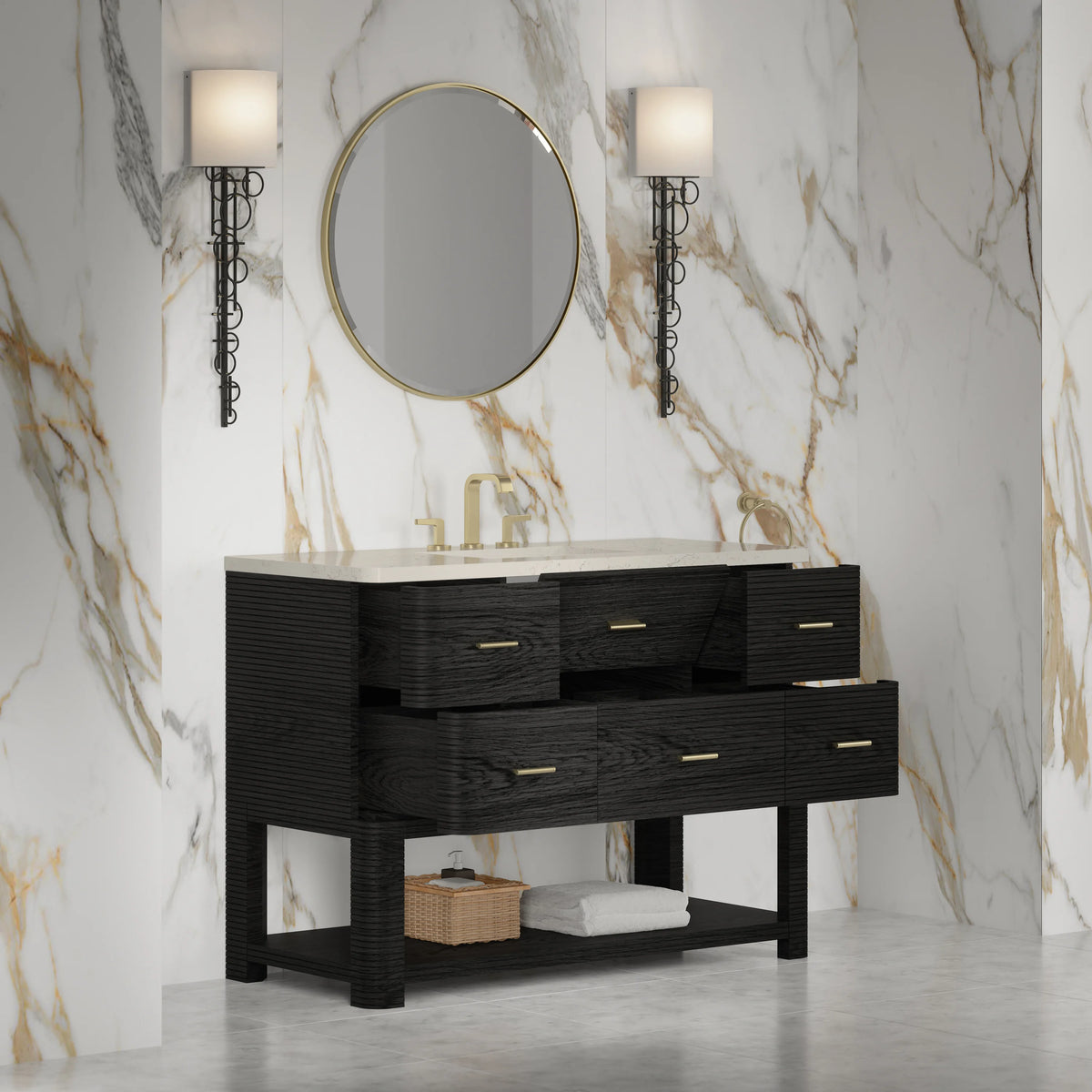 Lucian 48" Single Vanity, Carbon Oak, w/ 3 CM Siberian Silestone Top w/FreePower Wireless Charger, view 6
