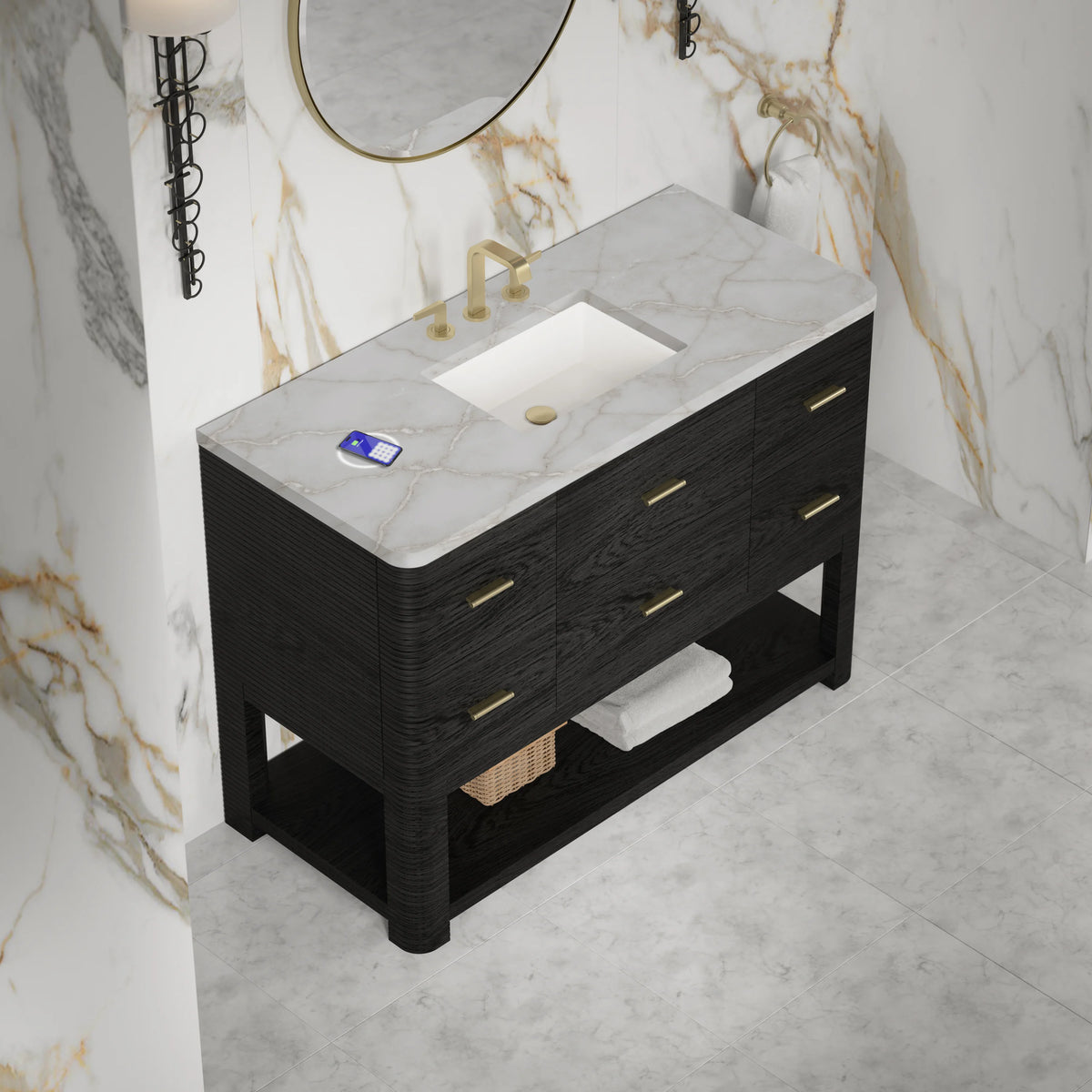 Lucian 48" Single Vanity, Carbon Oak w/ 3 CM Victorian Silver Silestone Top w/ FreePower Wireless Charger, view 9