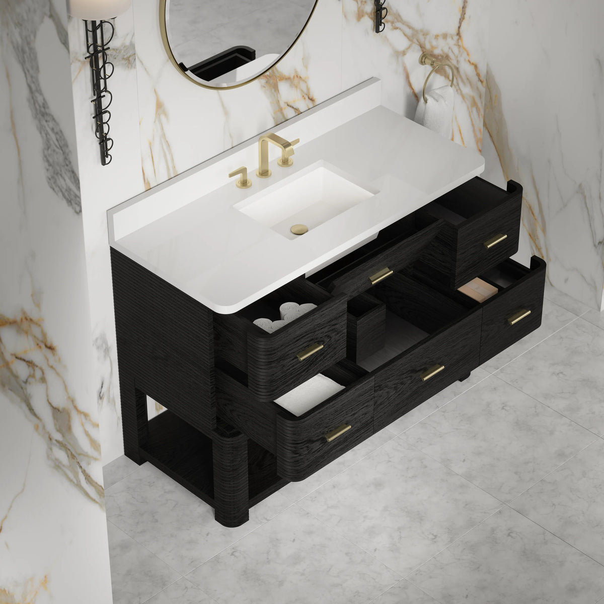 Lucian 48" Single Vanity, Carbon Oak w/ 3 CM White Zeus Silestone Widespread Top, view 10