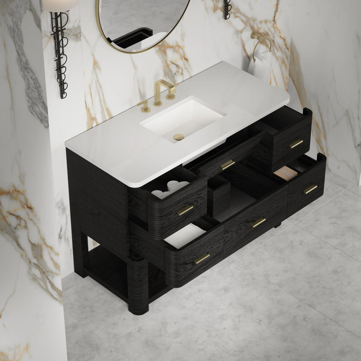 Lucian 48" Single Vanity, Carbon Oak w/ 3 CM White Zeus Silestone Widespread Top, view 11