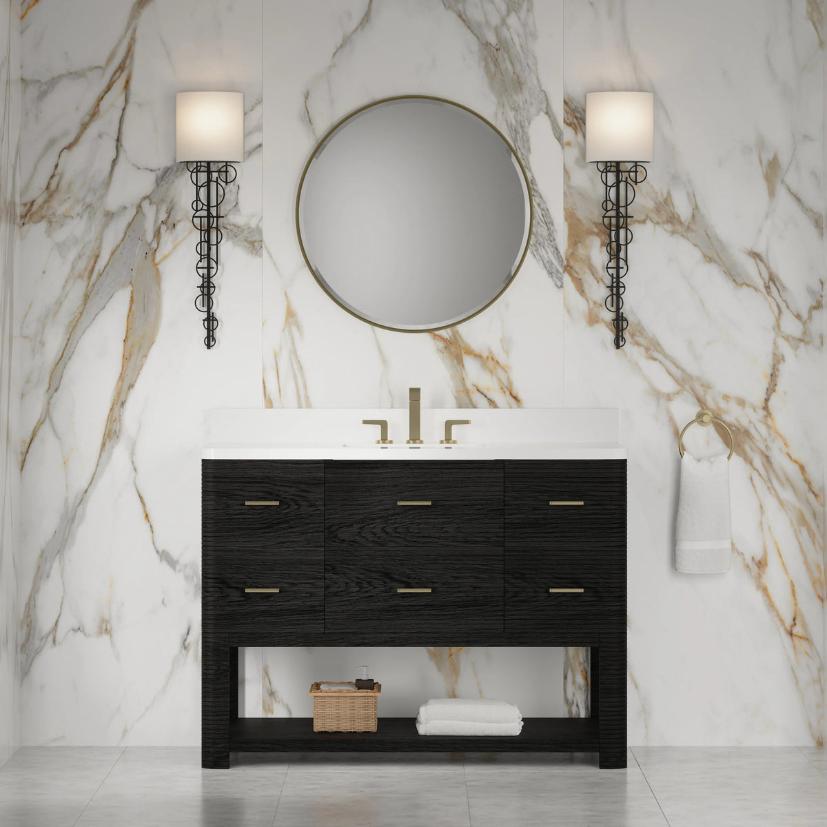 Lucian 48" Single Vanity, Carbon Oak w/ 3 CM White Zeus Silestone Widespread Top, view 3