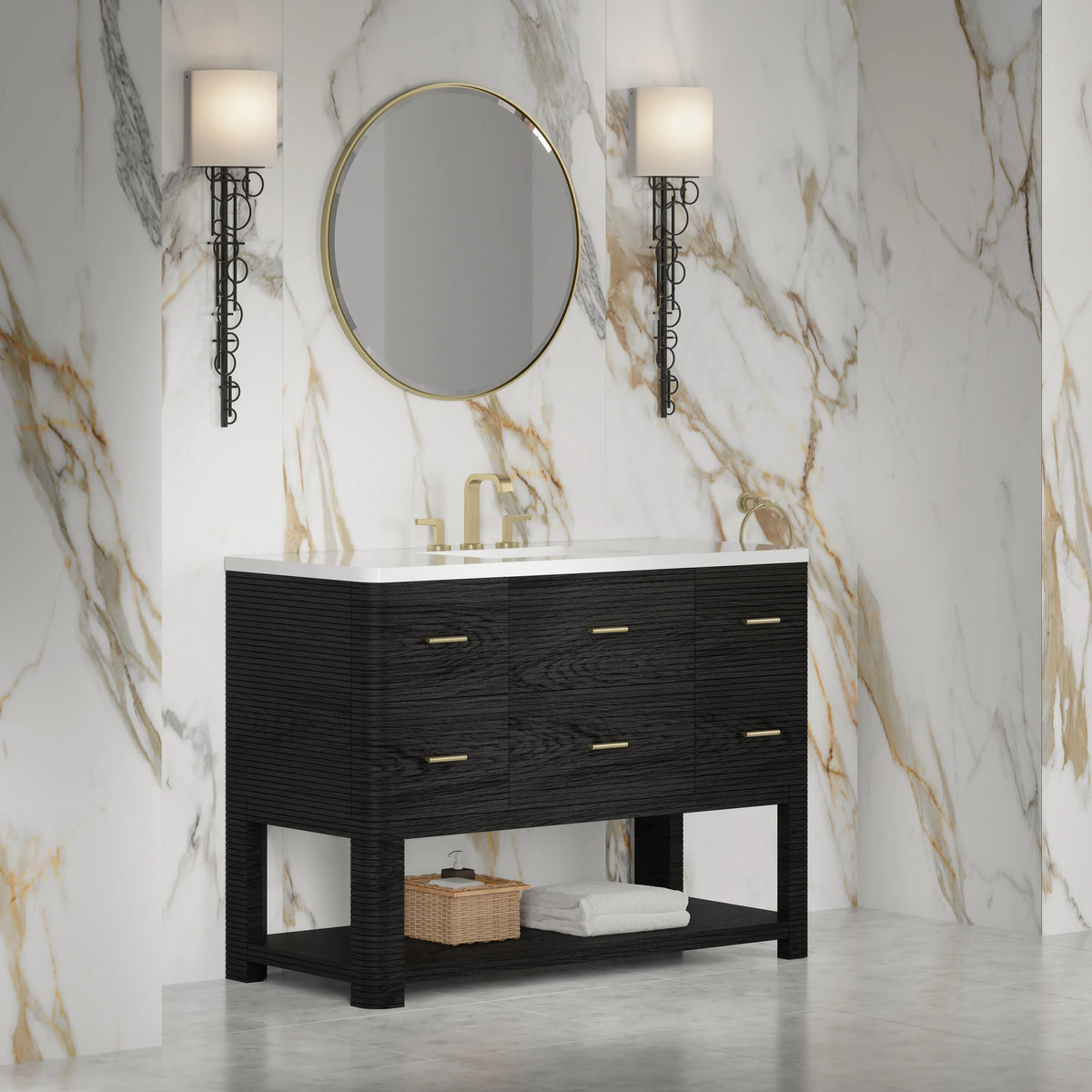 Lucian 48" Single Vanity, Carbon Oak w/ 3 CM White Zeus Silestone Widespread Top, view 4