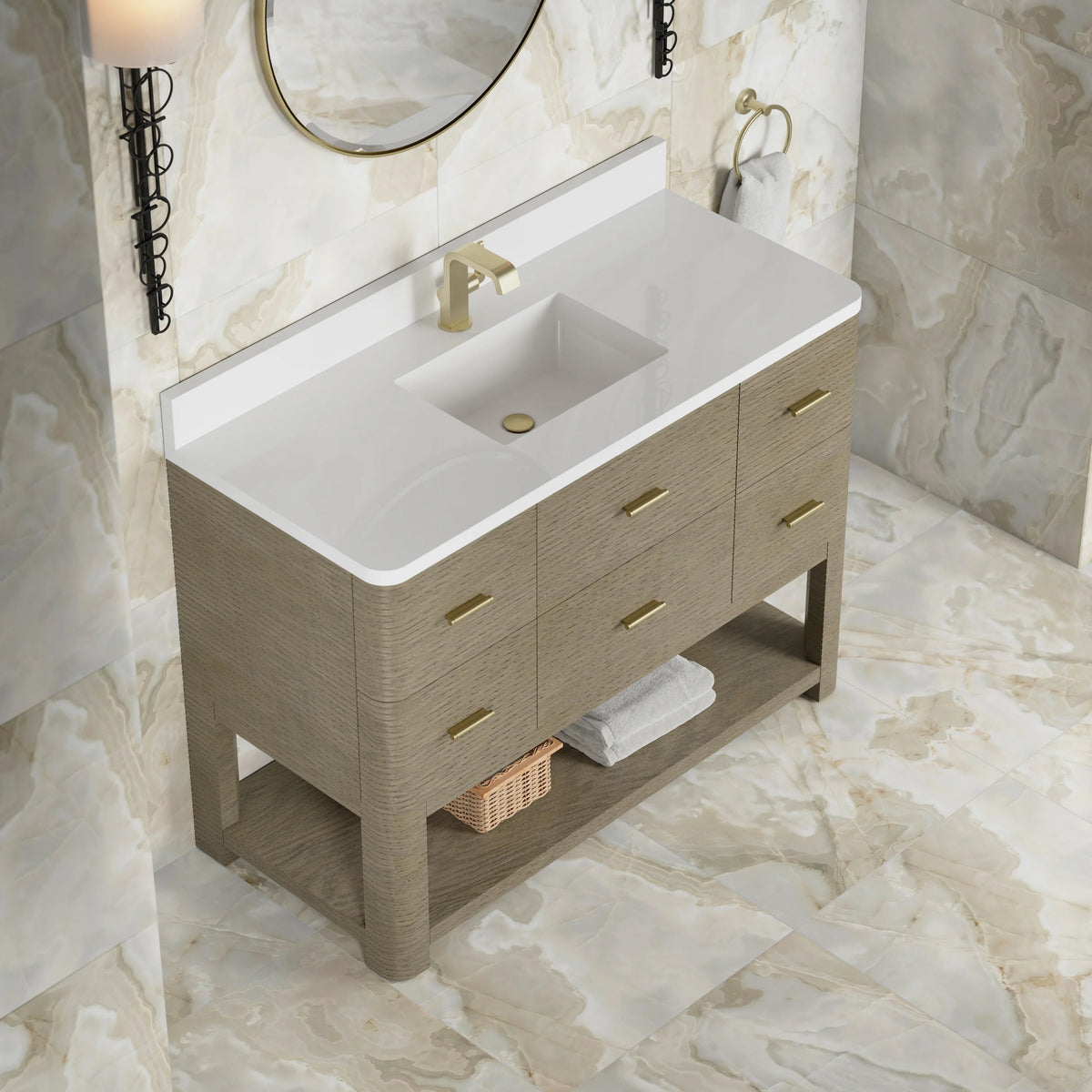 Lucian 48" Single Vanity, Pebble Oak w/ 3 CM White Zeus Silestone Top, view 9