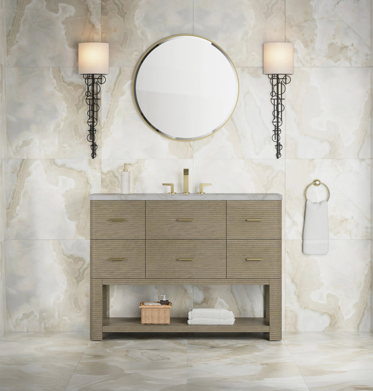 Lucian 48" Single Vanity, Pebble Oak w/ 3 CM Victorian Silver Silestone Top w/ FreePower Wireless Charger, view 5