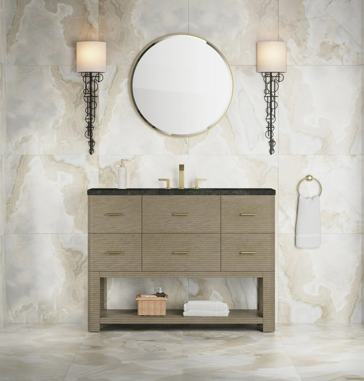 Lucian 48" Single Vanity, Pebble Oak, w/ 3 CM Phantome Eclos Widespread Top, view 2