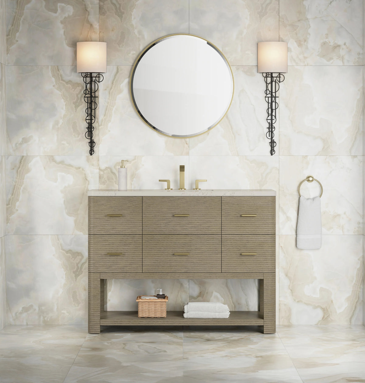 Lucian 48" Single Vanity, Pebble Oak, w/ 3 CM Siberian Silestone Widespread Top, view 2