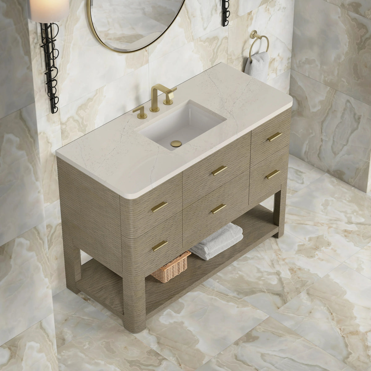 Lucian 48" Single Vanity, Pebble Oak, w/ 3 CM Siberian Silestone Widespread Top, view 5