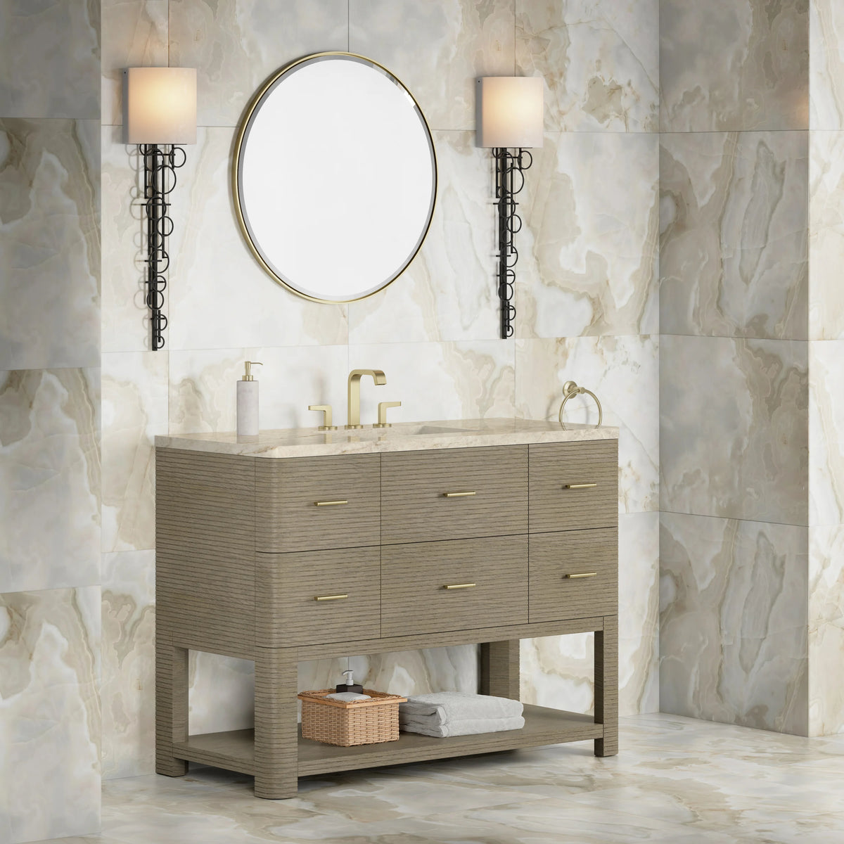 Lucian 48" Single Vanity, Pebble Oak, w/ 3 CM Tajnar Eclos Widespread Top, view 3