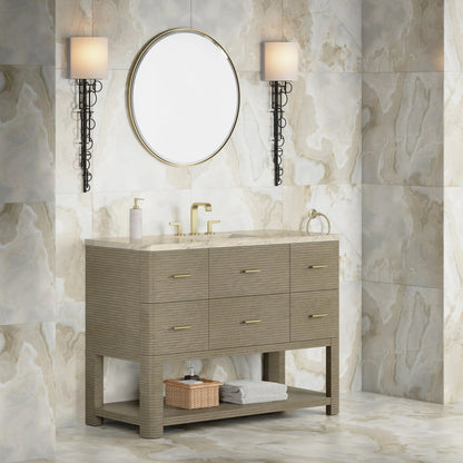 Lucian 48" Single Vanity, Pebble Oak, w/ 3 CM Tajnar Eclos Widespread Top, view 3