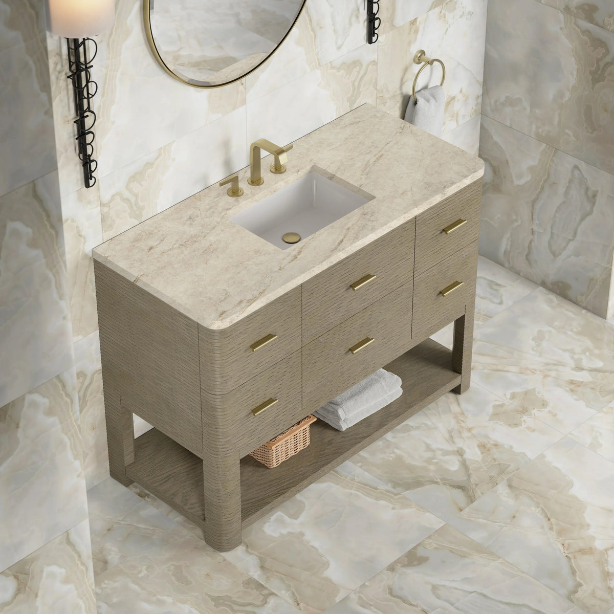 Lucian 48" Single Vanity, Pebble Oak, w/ 3 CM Tajnar Eclos Widespread Top, view 5