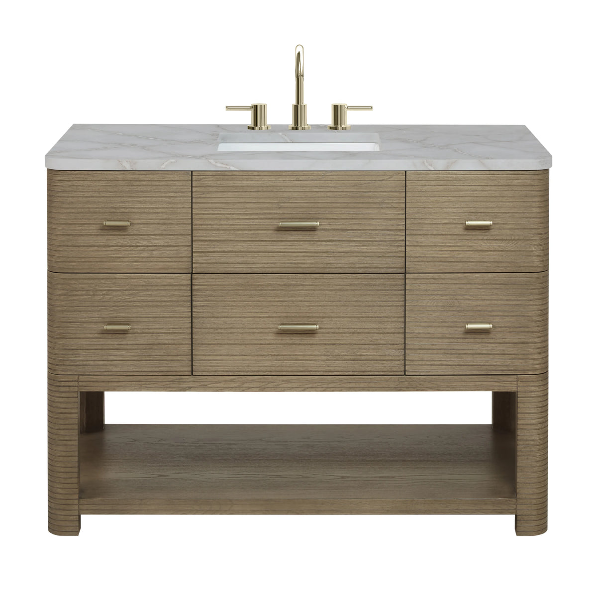 Lucian 48" Single Vanity, Pebble Oak w/ 3 CM Victorian Silver Silestone Widespread Top