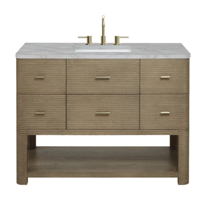 Lucian 48" Single Vanity, Pebble Oak w/ 3 CM Victorian Silver Silestone Widespread Top