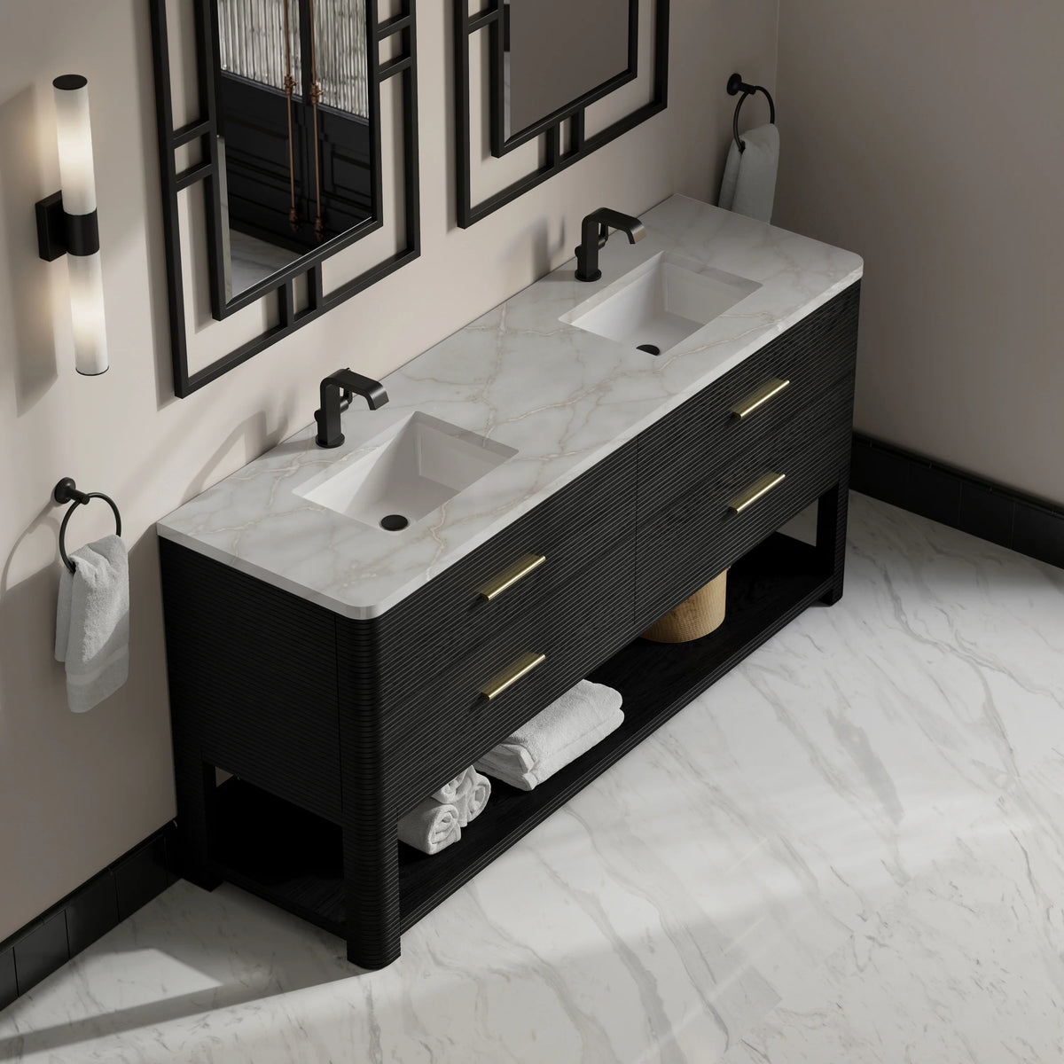 Lucian 72" Double Vanity, Carbon Oak w/ 3 CM Victorian Silver Silestone Top, view 7