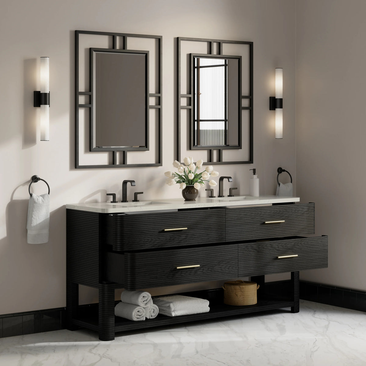 Lucian 72" Double Vanity, Carbon Oak, w/ 3 CM Siberian Silestone Widespread Top, view 4